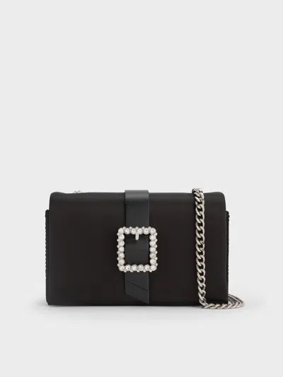 Charles & Keith - Satin Crystal-buckle Belted Chain-handle Bag