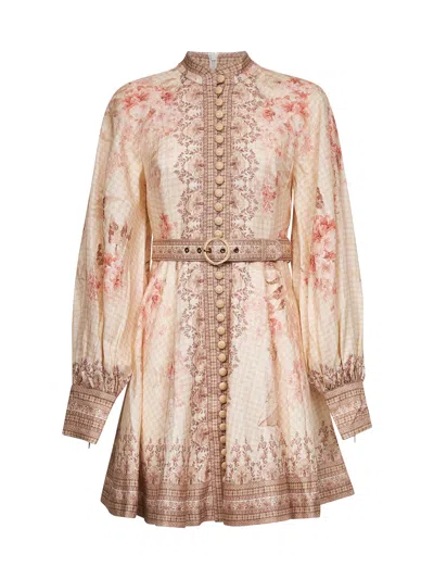 Zimmermann Illuminate Beige Mini Dress With Belted Waist And All-over Floral Print In Linen Woman