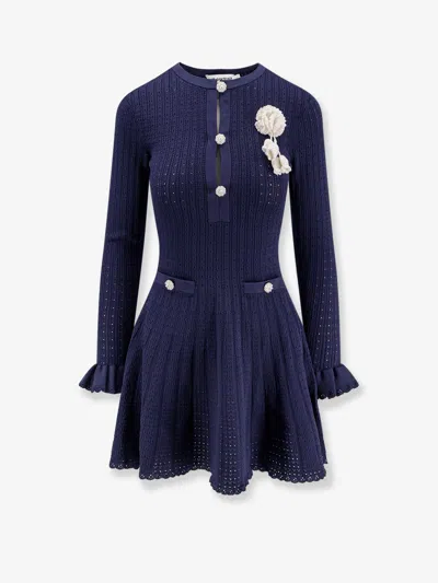 Self-portrait Perforated Knit Short Dress With Removable Lace Brooch In Blue