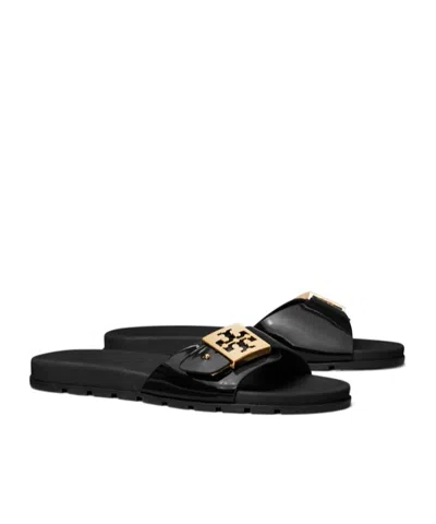 Tory Burch Prominent Buckle Slide Sandals In Smooth Leather In Black