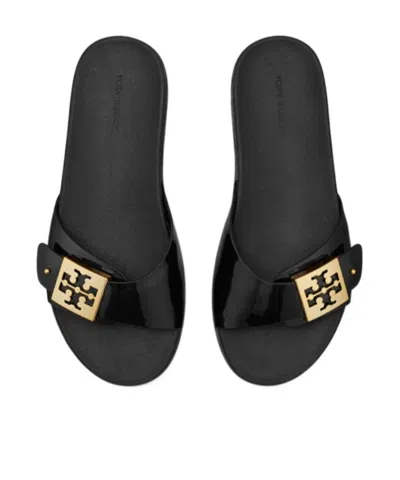 Tory Burch Prominent Buckle Slide Sandals In Smooth Leather In Black