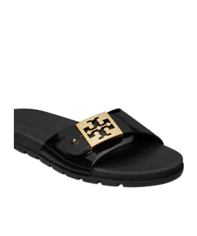 Tory Burch Prominent Buckle Slide Sandals In Smooth Leather In Black