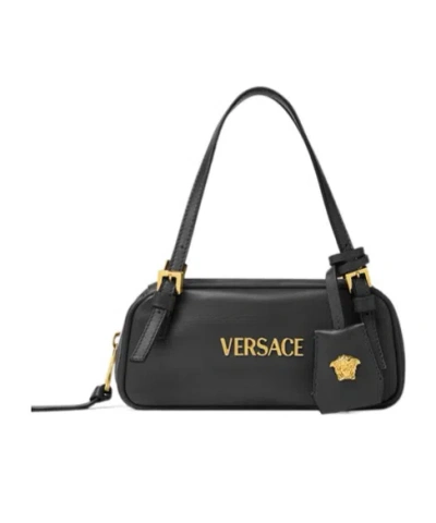 Versace Tag Bowling Black Shoulder Bag With Metallic Logo Lettering And Medusa Head Pendant In Leather Woman In Black