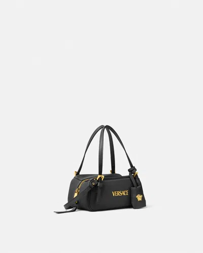 Versace Tag Bowling Black Shoulder Bag With Metallic Logo Lettering And Medusa Head Pendant In Leather Woman In Black