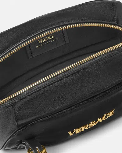 Versace Tag Bowling Black Shoulder Bag With Metallic Logo Lettering And Medusa Head Pendant In Leather Woman In Black