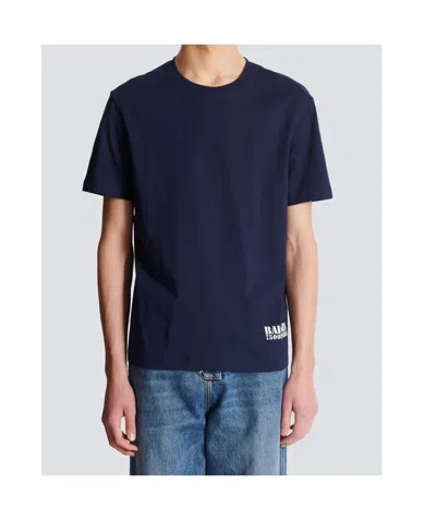 Balmain Blue Crewneck T-shirt With Logo Lettering Print On The Front