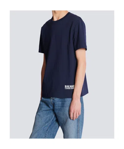 Balmain Blue Crewneck T-shirt With Logo Lettering Print On The Front