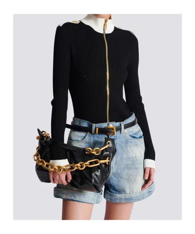 Balmain Sync Medium Shoulder Bag In Black Leather In Black