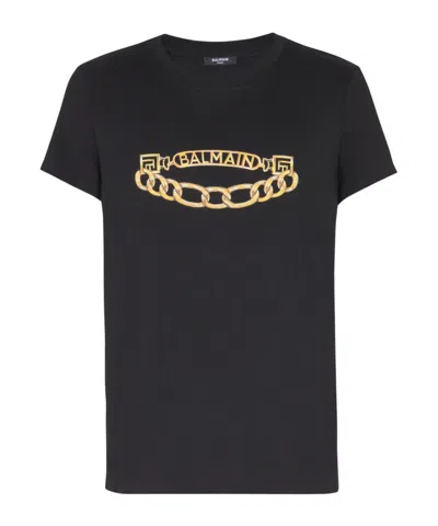 Balmain Black Crewneck T-shirt With Logo Print On The Front In Cotton Man