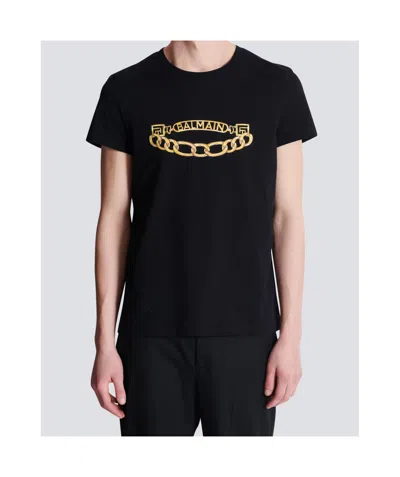 Balmain Black Crewneck T-shirt With Logo Print On The Front In Cotton Man