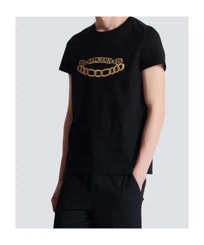 Balmain Black Crewneck T-shirt With Logo Print On The Front In Cotton Man
