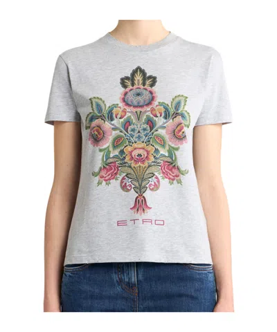 Etro Floral Crew Neck Short Sleeve Top In Gray