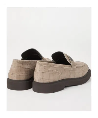 Brunello Cucinelli Crocodile Effect Round Toe Flat Sole Loafers In Neutral