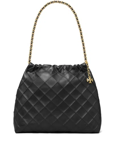 Tory Burch Fleming Hobo Shoulder Bag In Black Leather  In Black