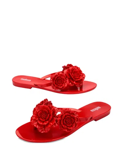 Melissa Harmonic Springtime Floral-embellished Flip Flops In Red