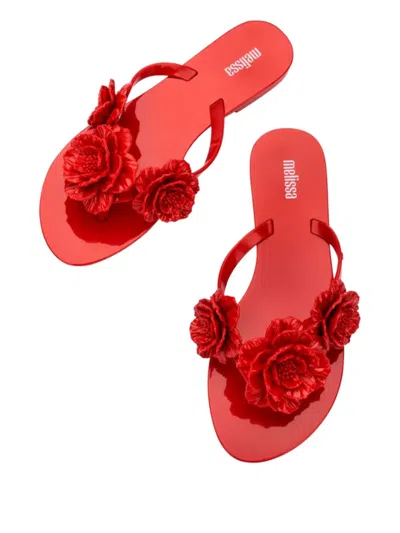 Melissa Harmonic Springtime Floral-embellished Flip Flops In Red