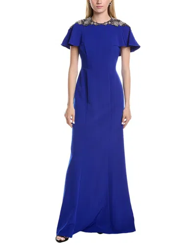 Rene Ruiz Capelet Sleeve Column Gown In Blue
