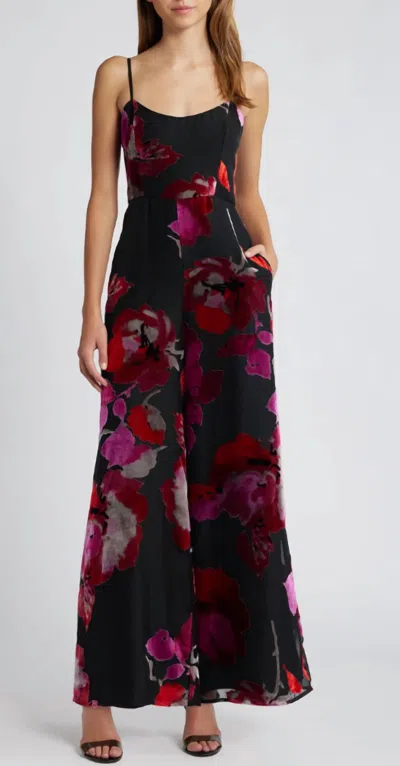 Hutch Sonnie Floral Velvet Burnout Strapless Jumpsuit In Black