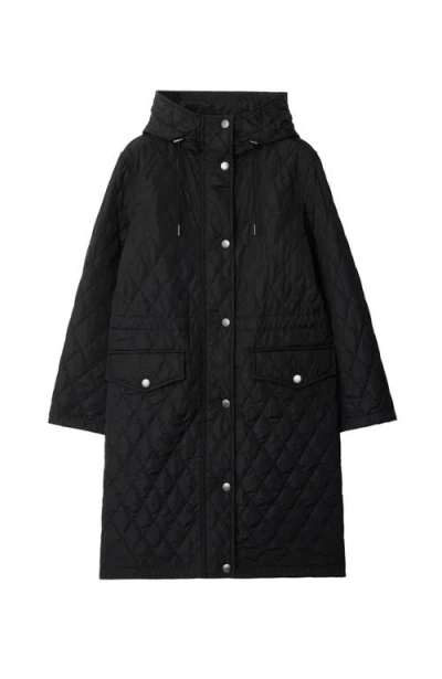 Burberry Hillgate Quilted Long Hooded Jacket In Black