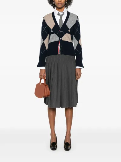 Thom Browne Navy Argyle Intarsia Cashmere V Neck Cardigan In Multi