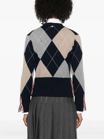 Thom Browne Navy Argyle Intarsia Cashmere V Neck Cardigan In Multi