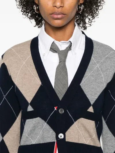 Thom Browne Navy Argyle Intarsia Cashmere V Neck Cardigan In Multi