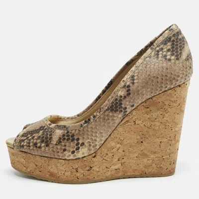 Pre-owned Jimmy Choo Beige Python Embossed Leather Papina Cork Wedge Pumps Size 39 In Sand