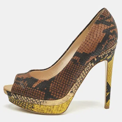 Pre-owned Fendi Brown Python Embossed Leather Peep Toe Platform Pumps Size 37.5