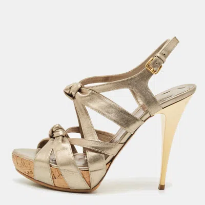 Pre-owned Miu Miu Metallic Leather Bow Ankle Strap Platform Sandals Size 41 In Gold