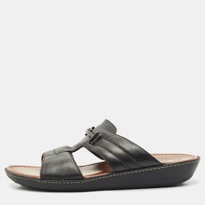 Pre-owned Tod's Black Leather Slide Sandals Size 44.5