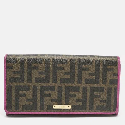 Pre-owned Fendi Tobacco/pink Zucca Coated Canvas And Leather Flap Continental Wallet