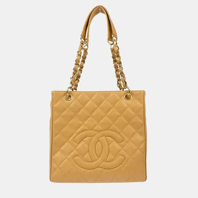 Pre-owned Chanel Beige Calfskin Petite Shopping Tote Pst Chain Handbag