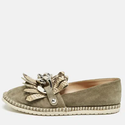 Pre-owned Casadei Grey Python Embossed Leather And Suede Chain Smoking Slippers Size 37