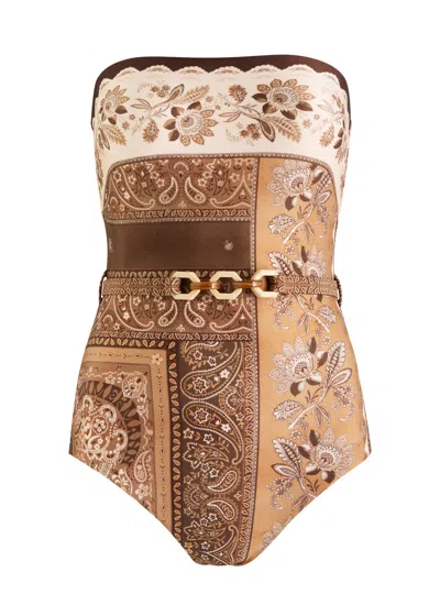 Zimmermann Lucky Belted One-piece Bandeau Swimsuit In Brown