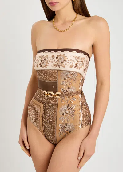 Zimmermann Lucky Belted One-piece Bandeau Swimsuit In Brown