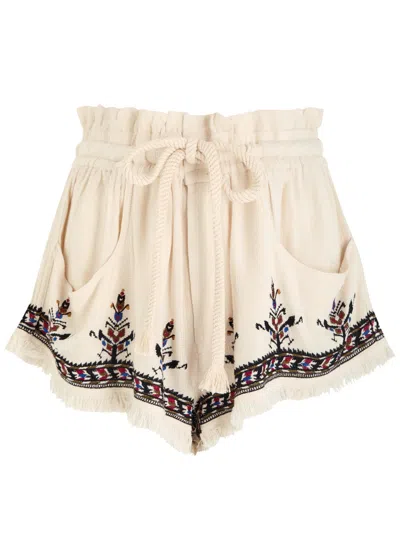 Isabel Marant Étoile Kriss Embroidered Fringed Paperbag Waist Shorts In Neutral