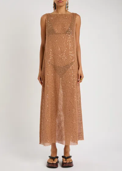 Bec & Bridge Margo Sequin-embellished Open-knit Maxi Dress In Camel