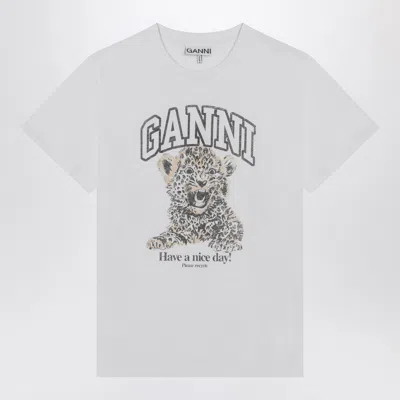 Ganni White T-shirt With Print And Logo Lettering On The Front In Cotton Woman