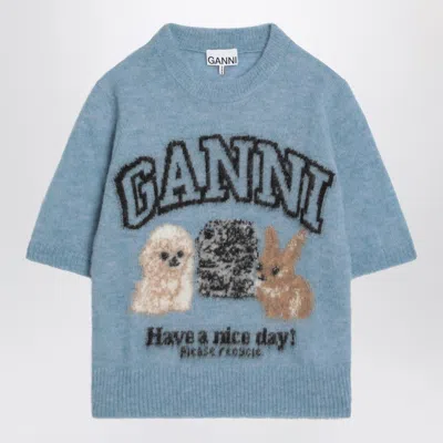 Ganni Womens Soft Chambray Logo Puppies Wool-blend Knit Top