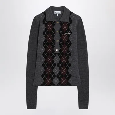 Ganni Grey Sweater With Classic Collar And Check Motif On The Front In Wool Woman In Gray