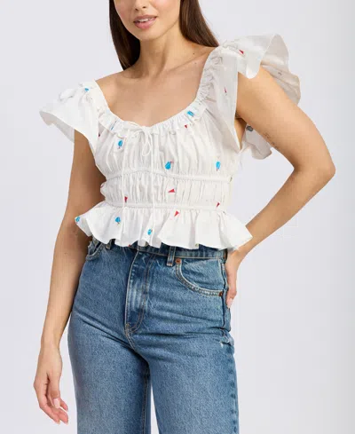 En Saison Nellie Flutter Sleeve Top In White Pink In Blue