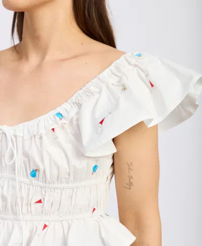 En Saison Nellie Flutter Sleeve Top In White Pink In Blue