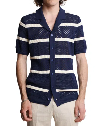 Paisley & Gray Men's Slim Fit Short Sleeve Striped Crochet Cardigan Sweater In Black