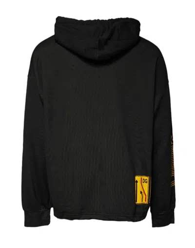 Dolce & Gabbana Black Cotton Hooded Dg Shield Pullover Sweater In Black