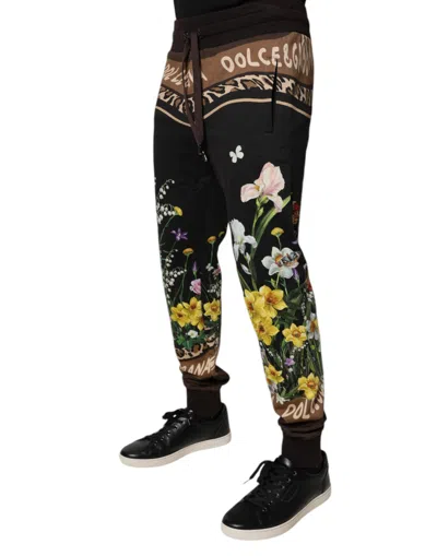 Dolce & Gabbana Black Floral Cotton Jogger Sweatmen's Men's Pants In Black