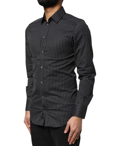 Dolce & Gabbana Black Gold Patterned Cotton Men Dress Shirt In Black