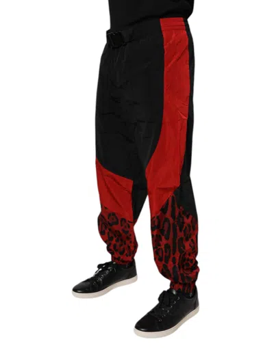 Dolce & Gabbana Black Red Leopard Print Nylon Jogger Men's Pants In Multi