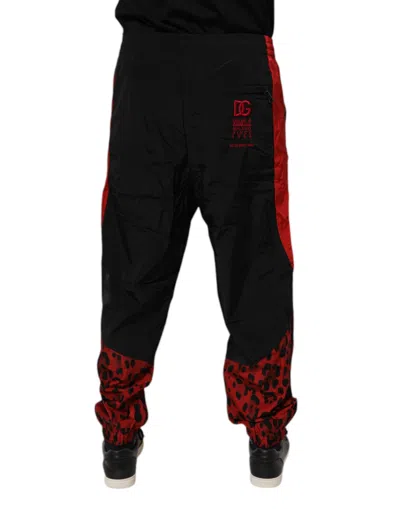 Dolce & Gabbana Black Red Leopard Print Nylon Jogger Men's Pants In Multi