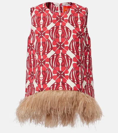 La Doublej Icon La Scala Feather-trimmed Printed Stretch-cotton Tweed Top In Red