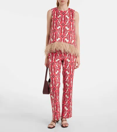 La Doublej Icon La Scala Feather-trimmed Printed Stretch-cotton Tweed Top In Red